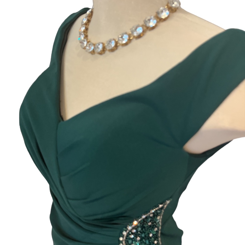 OLEG CASSINI Dress Size 4 Juniper Green Crepe Off Shoulder With Embellishments